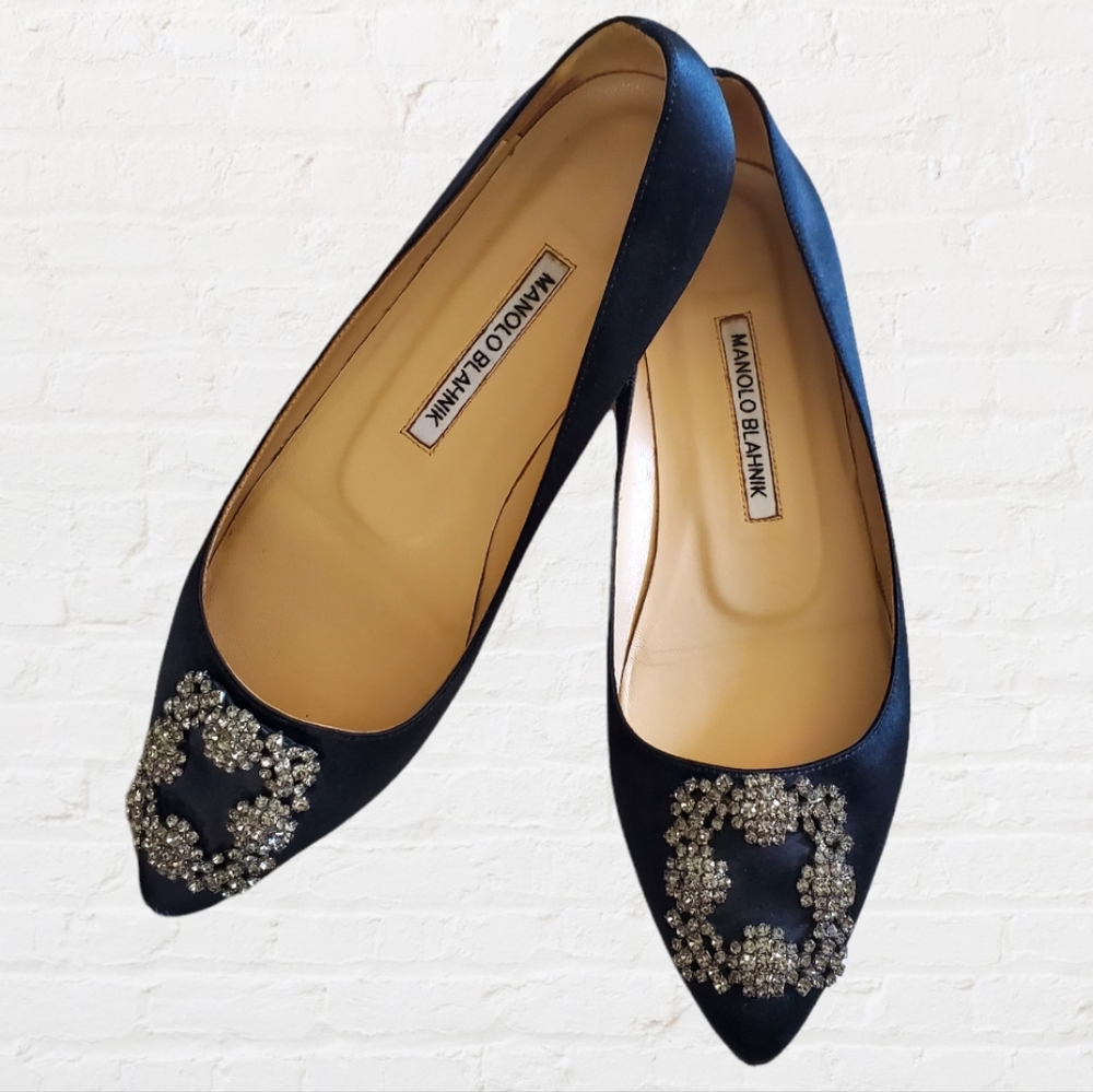 Designer Inspired Black Satin Jeweled  Pointy Toe Flats Size 38